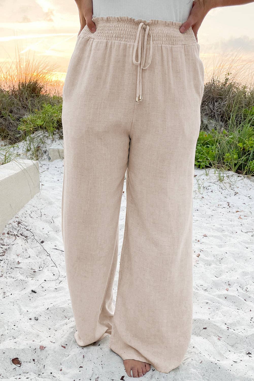 Beige Smocked High Waist Wide Leg Plus Size Pants - 22 Palms Boutique