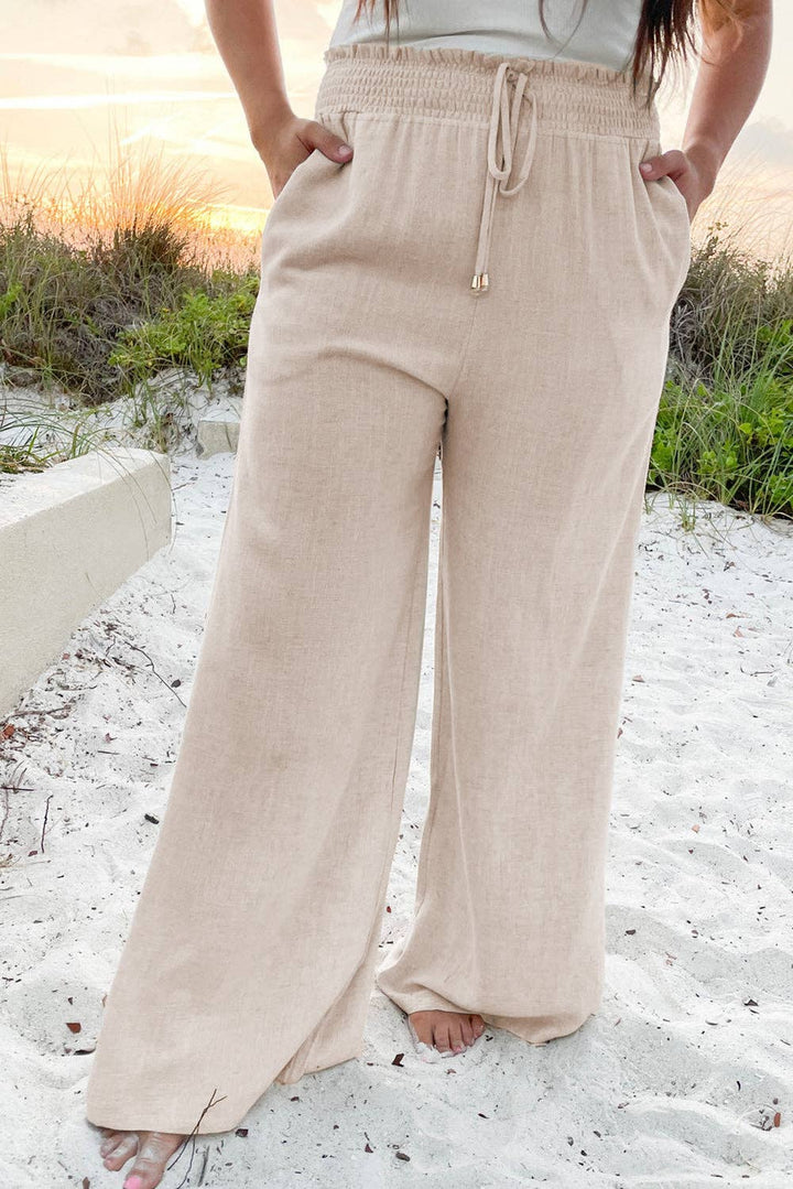 Beige Smocked High Waist Wide Leg Plus Size Pants - 22 Palms Boutique