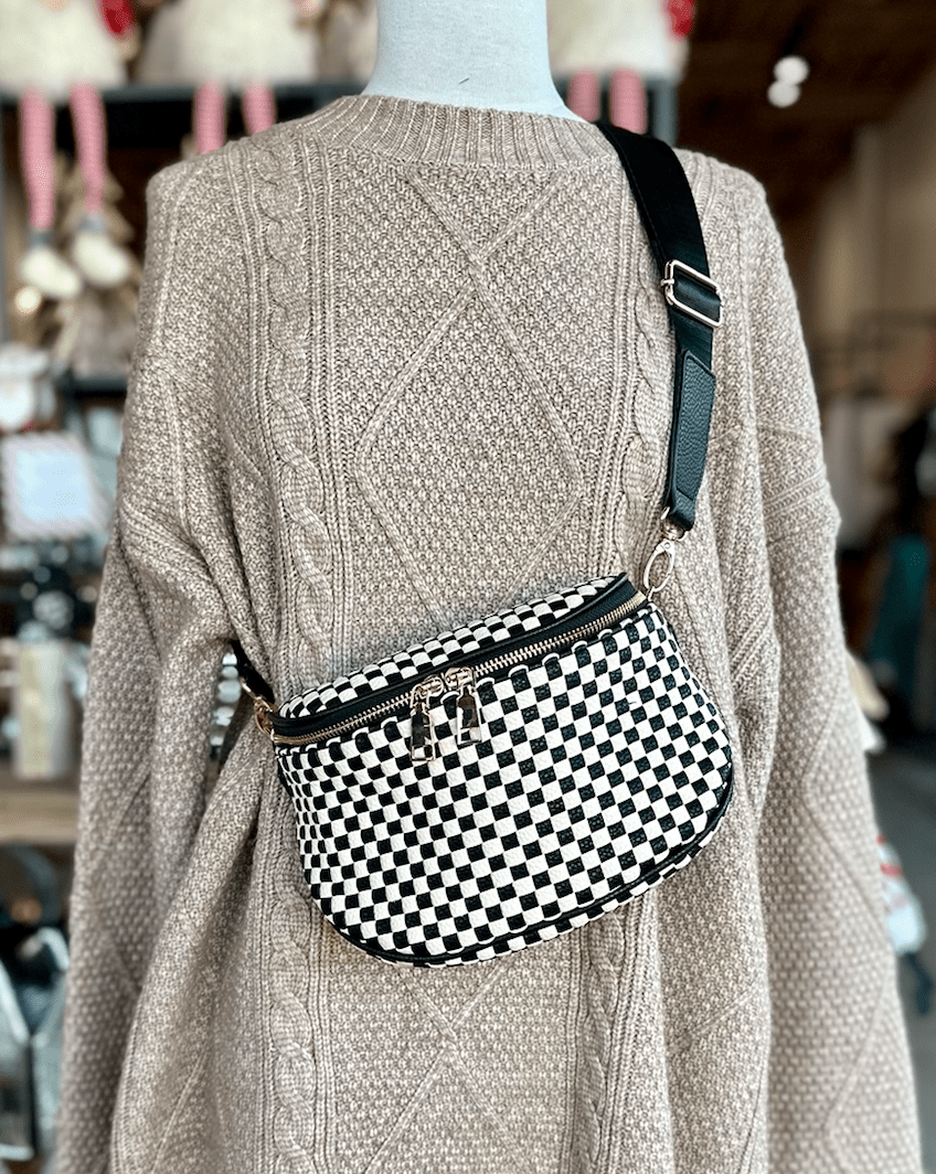Birdie Saddle Checkered Crossbody Bag: Black - 22 Palms Boutique