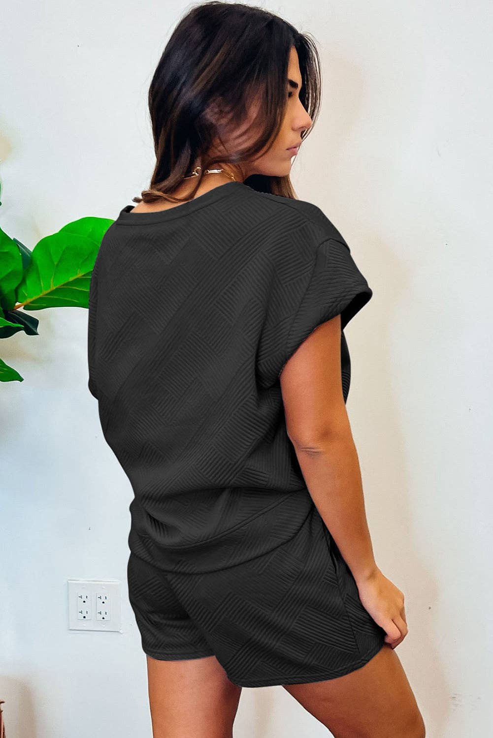 Black Textured Crewneck Top and Drawstring Shorts Set - 22 Palms Boutique