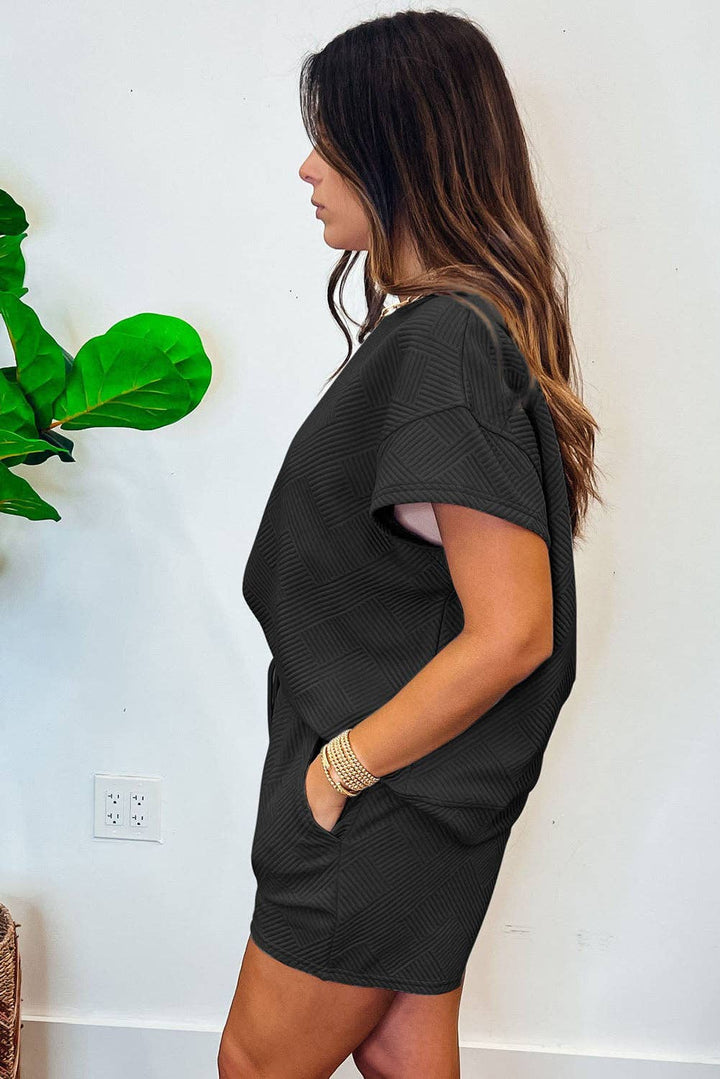 Black Textured Crewneck Top and Drawstring Shorts Set - 22 Palms Boutique