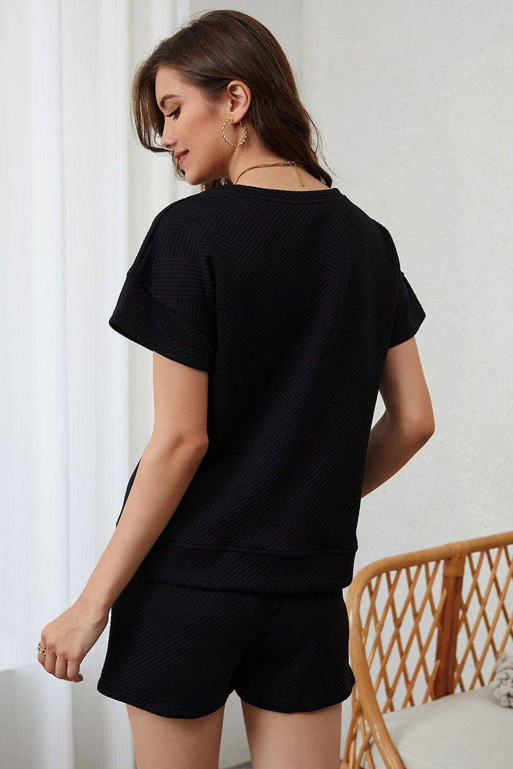 Black Textured Crewneck Top and Drawstring Shorts Set - 22 Palms Boutique