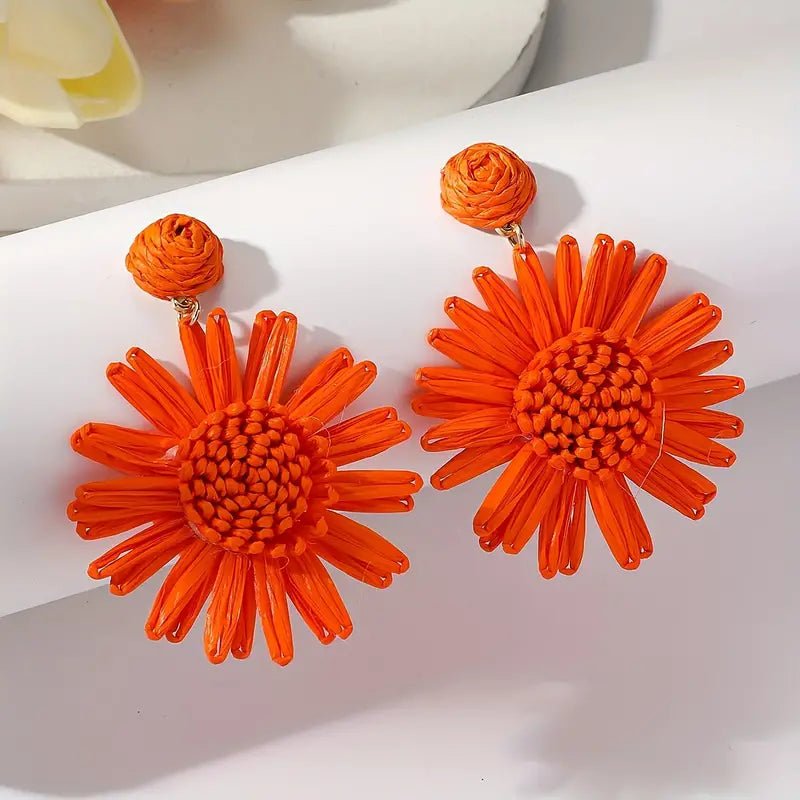 Boho hand - woven raffia sunflower earrings, Orange - 22 Palms Boutique