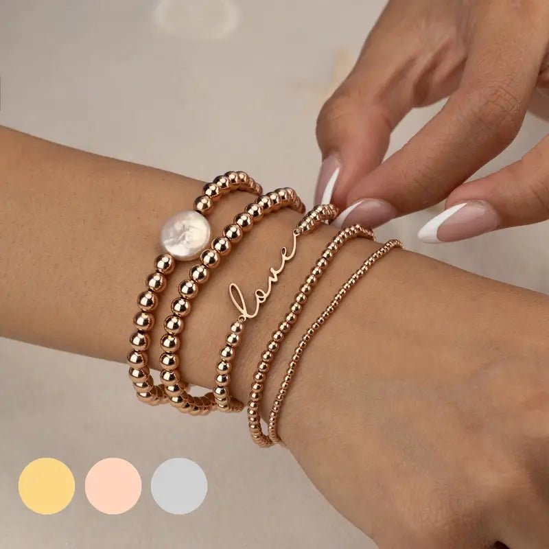 Boho Rose Gold Love and Freshwater Pearl Bracelet Stack Set - 22 Palms Boutique