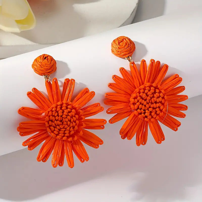 Boho hand-woven raffia sunflower earrings, Orange
