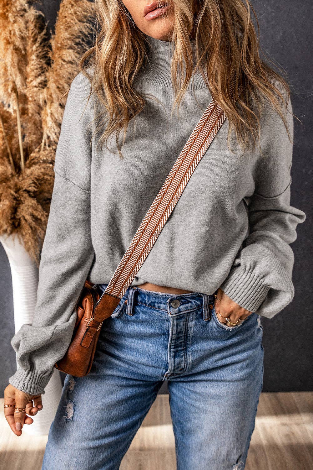 Brielle Turtleneck Drop Shoulder Bubble Sleeve Knit Sweater - 22 Palms Boutique