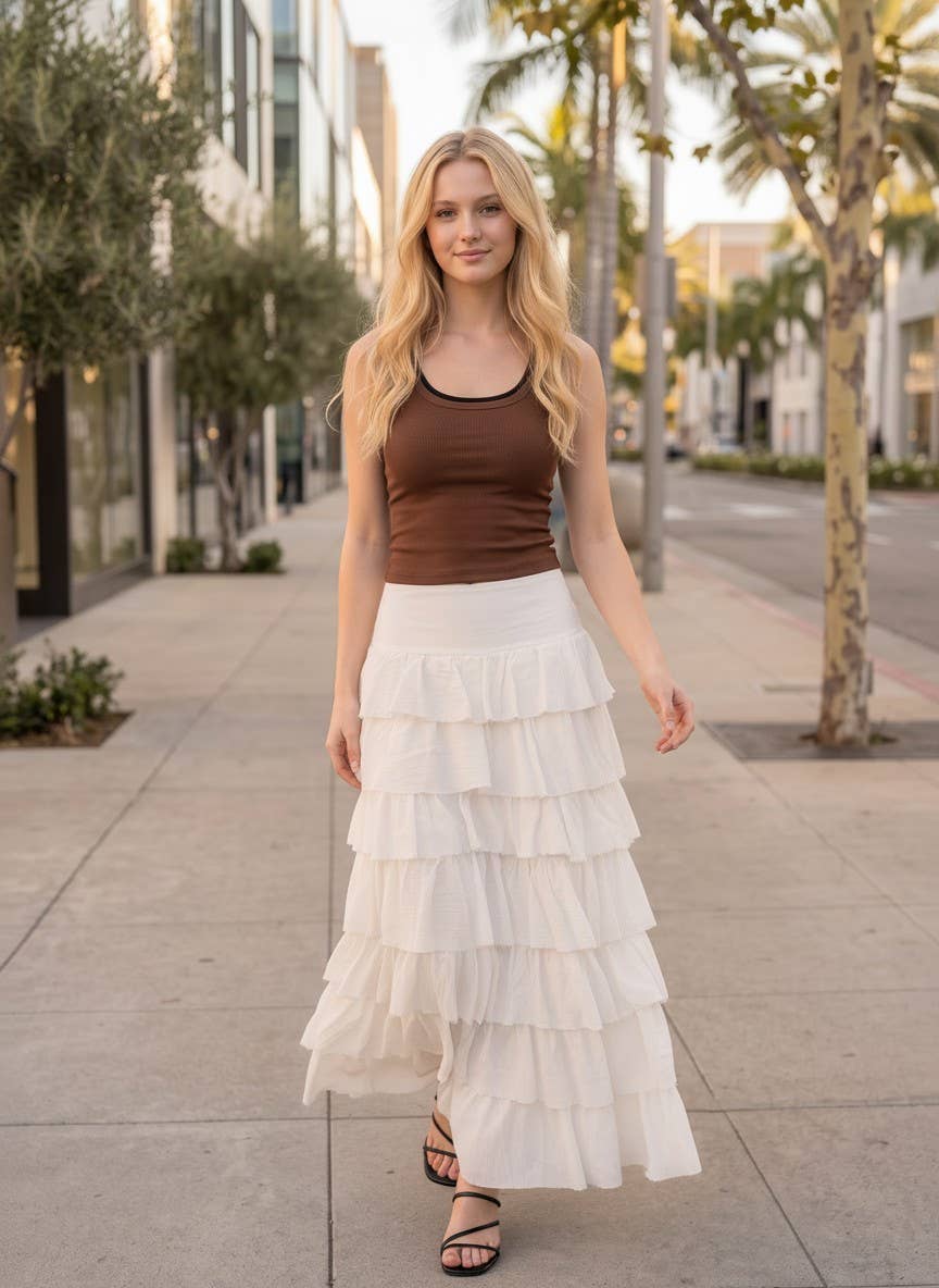 Tiers Of Delicate Ruffles Maxi Skirt in Chocolate
