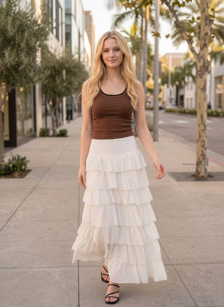 Tiers Of Delicate Ruffles Maxi Skirt in Chocolate