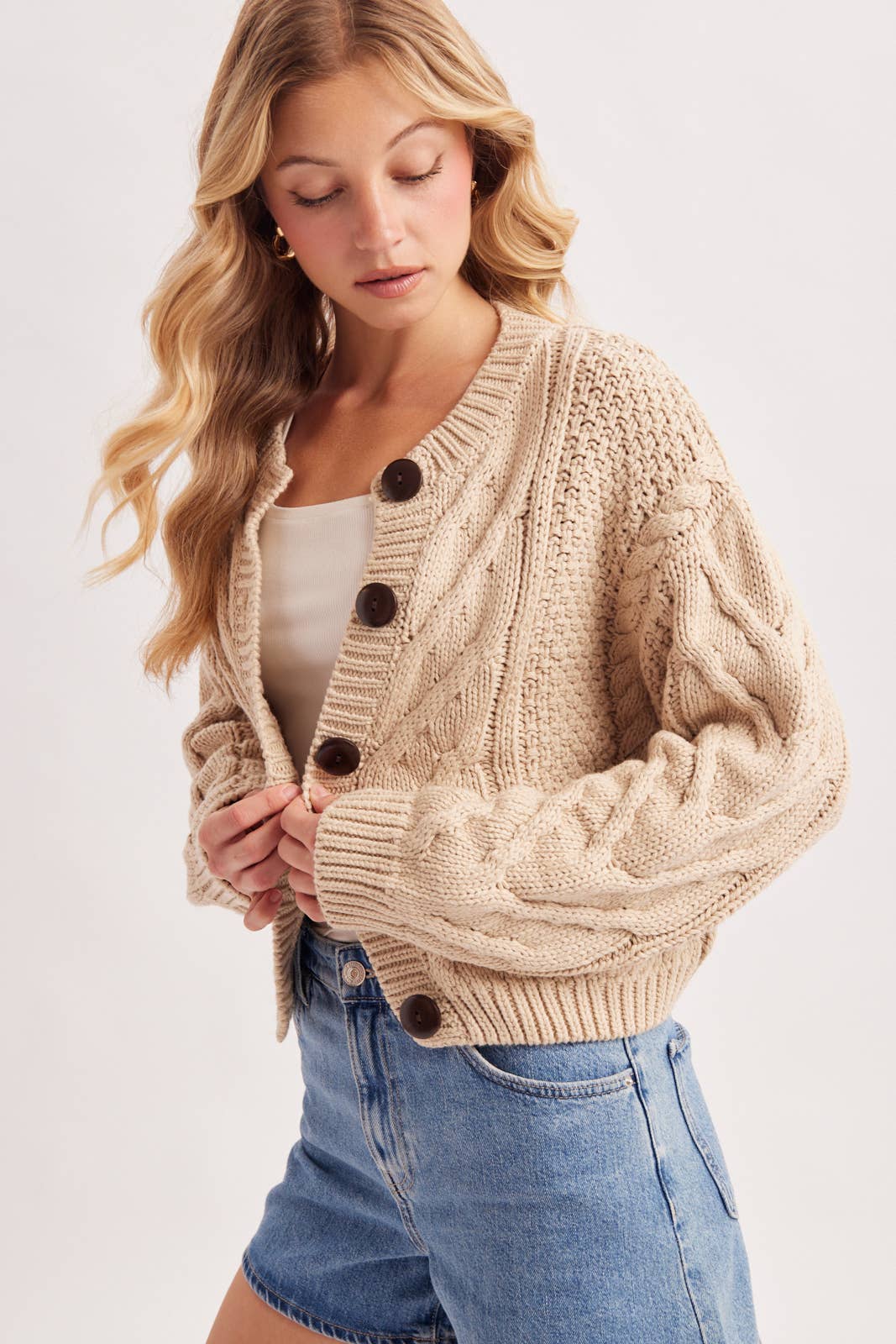 Cropped Button Front Cable Knit Sweater