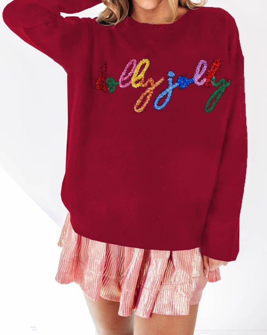 Tinsel Embroidered Holly Jolly Sweater - 22 Palms Boutique