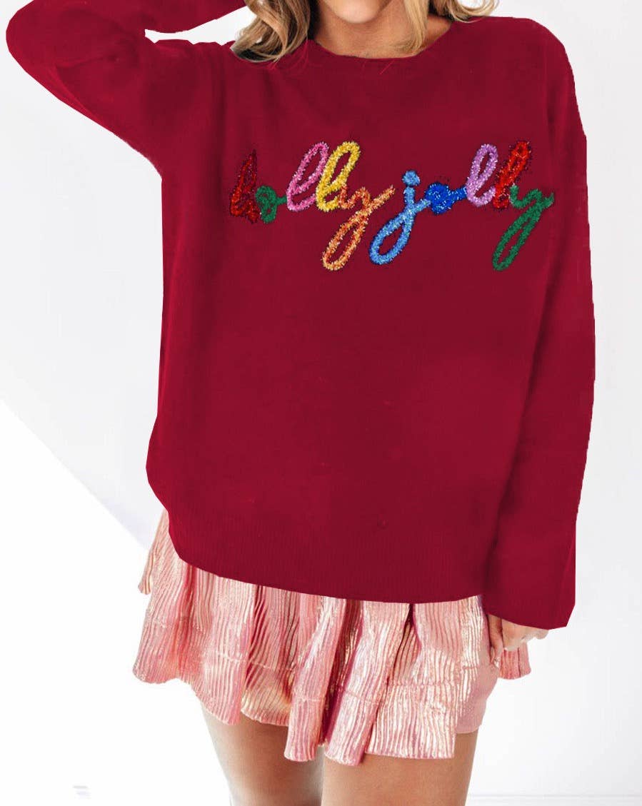 Tinsel Embroidered Holly Jolly Sweater