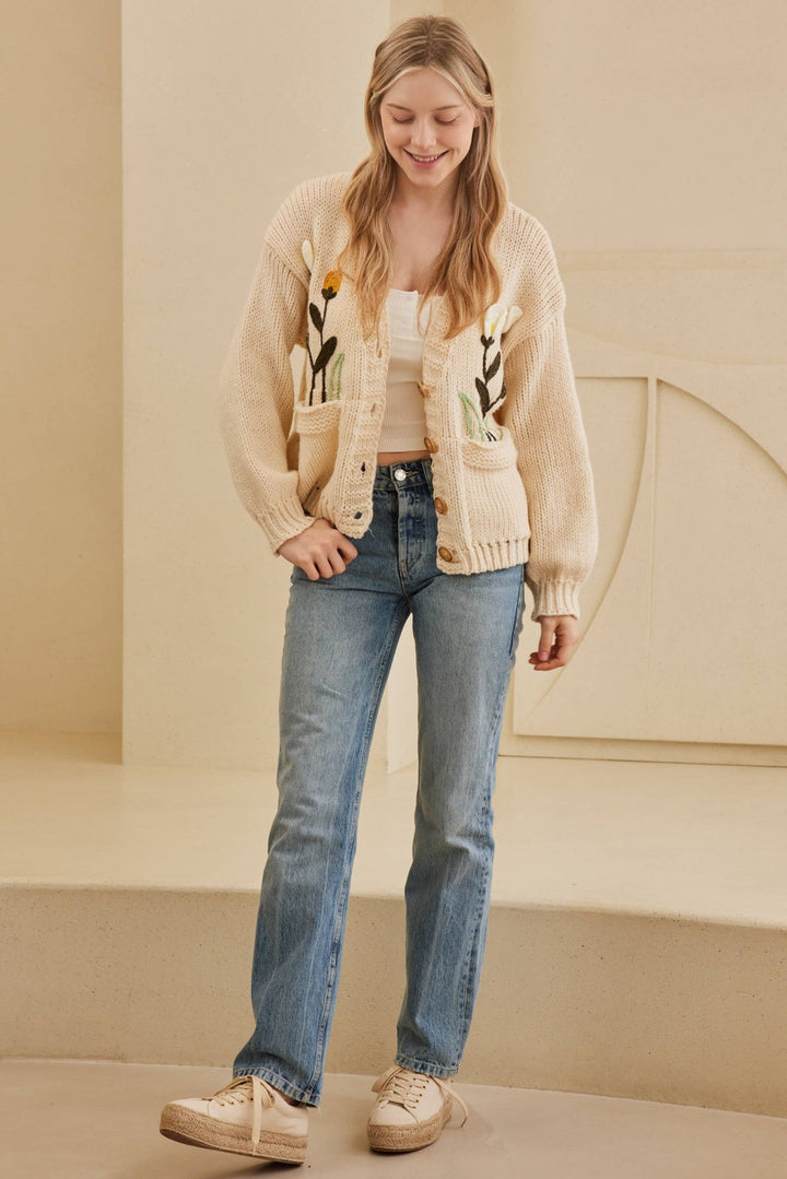 Cozy Bloom Embroidered Knit Cardigan - 22 Palms Boutique