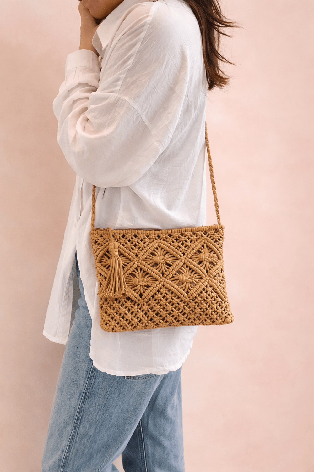 Crochet Knit Crossbody bag with Tassle, Khaki - 22 Palms Boutique