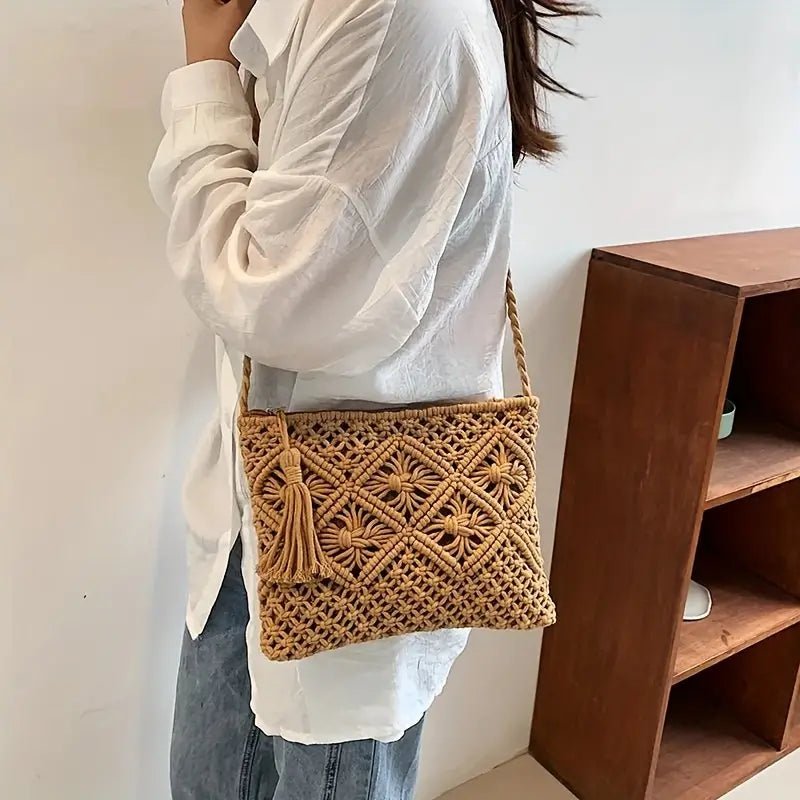 Crochet Knit Crossbody bag with Tassle, Khaki - 22 Palms Boutique