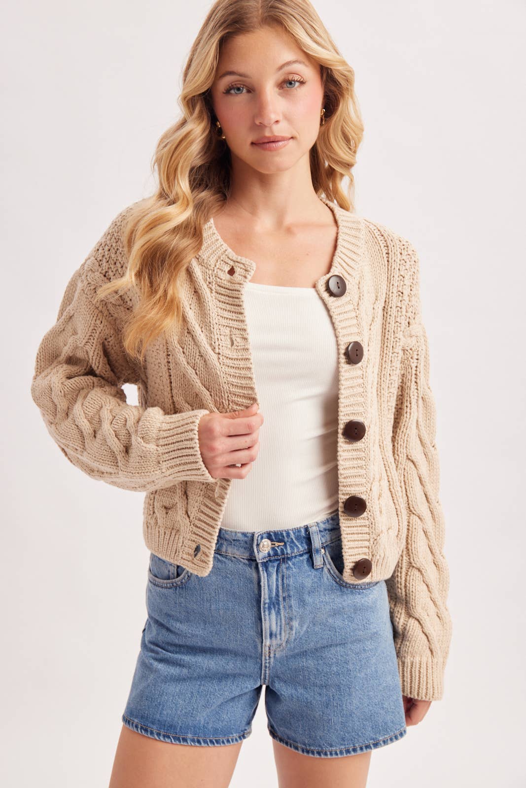 Cropped Button Front Cable Knit Sweater