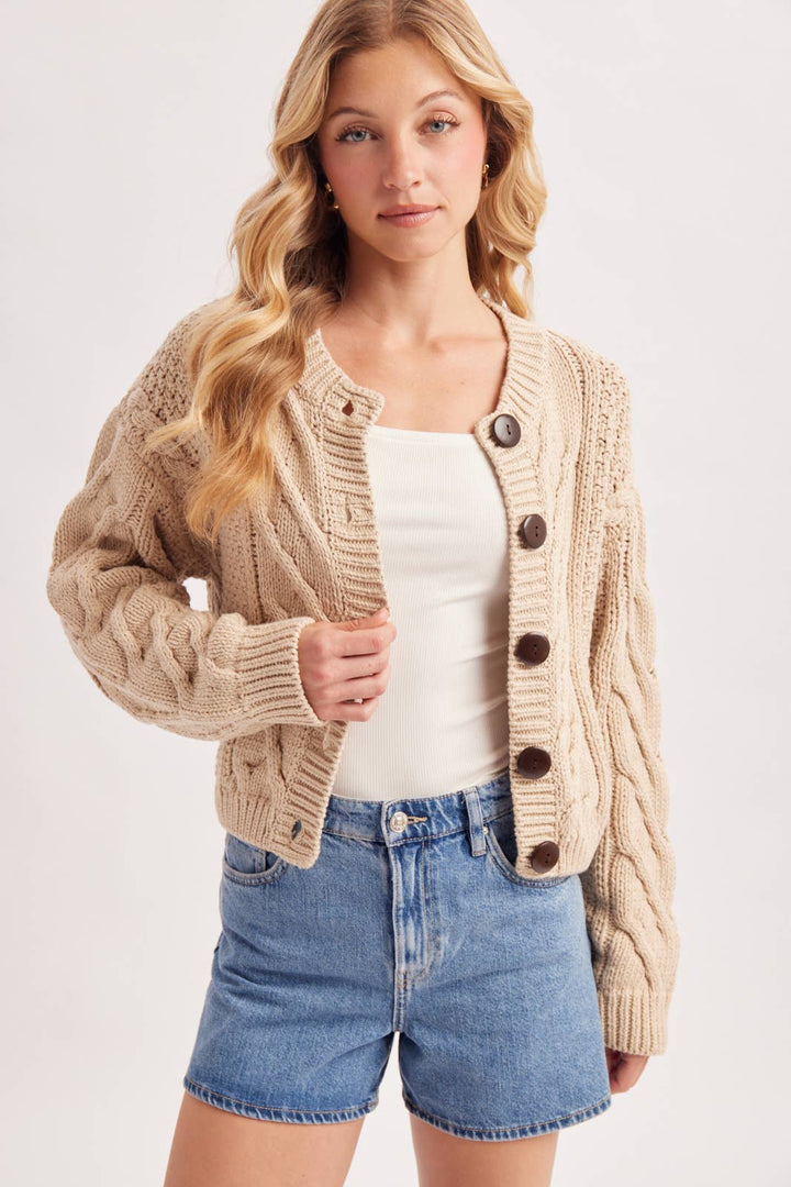 Cropped Button Front Cable Knit Sweater