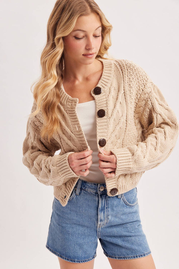 Cropped Button Front Cable Knit Sweater