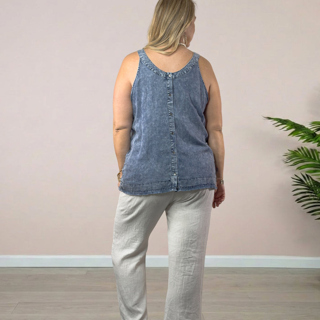 Denim Tank with Back Buttons Detail - Dark Denim - 22 Palms Boutique