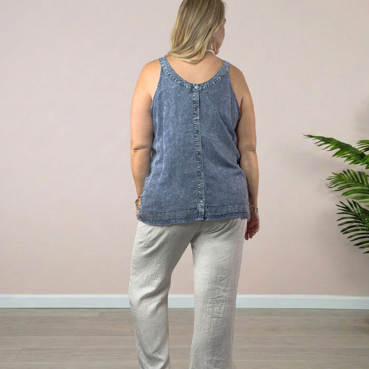 Denim Tank with Back Buttons Detail - Dark Denim - 22 Palms Boutique