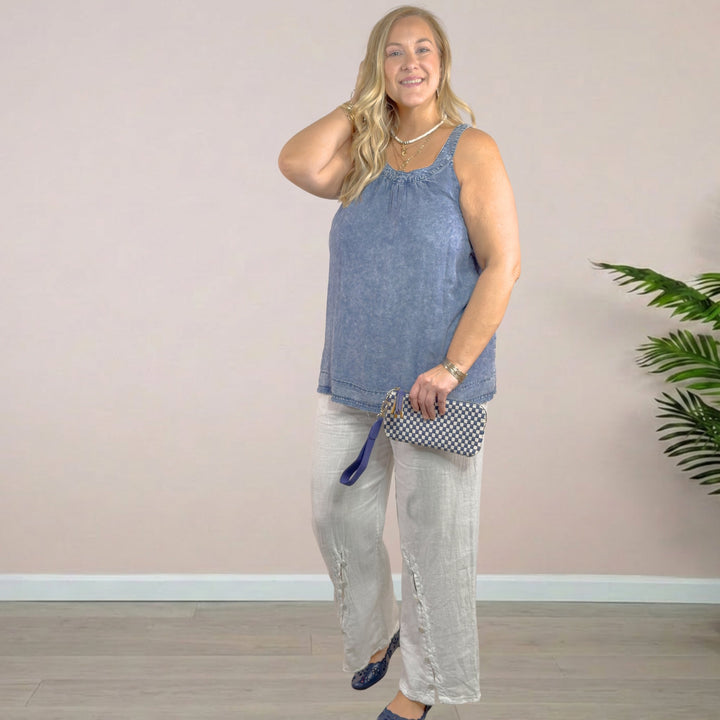 Denim Tank with Back Buttons Detail - Dark Denim - 22 Palms Boutique