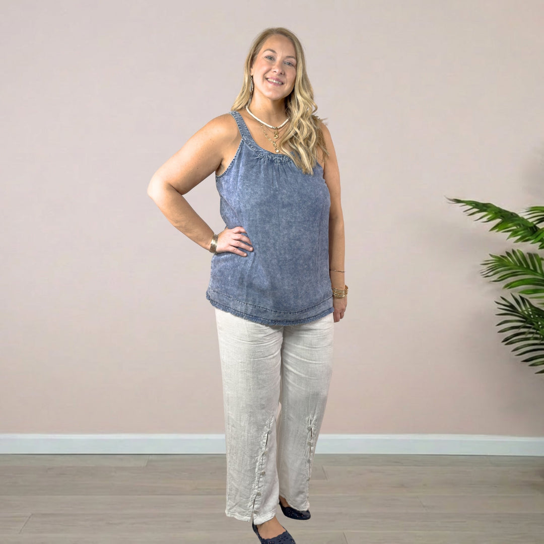 Denim Tank with Back Buttons Detail - Dark Denim - 22 Palms Boutique