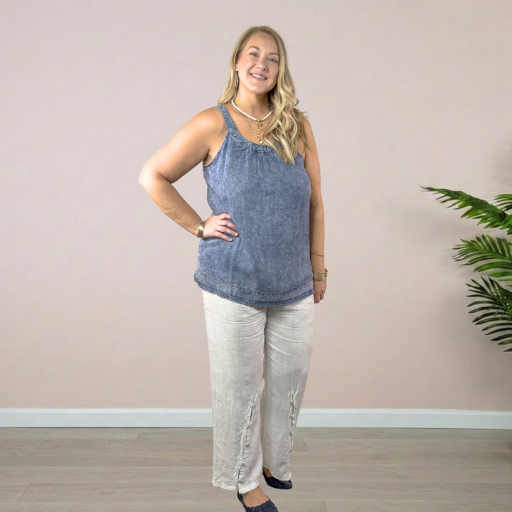 Denim Tank with Back Buttons Detail - Dark Denim - 22 Palms Boutique