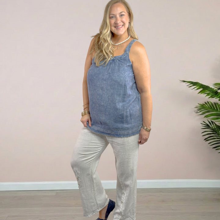 Denim Tank with Back Buttons Detail - Dark Denim - 22 Palms Boutique