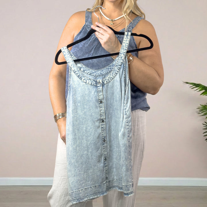 Denim Tank with Back Buttons Detail - Lt. Denim - 22 Palms Boutique