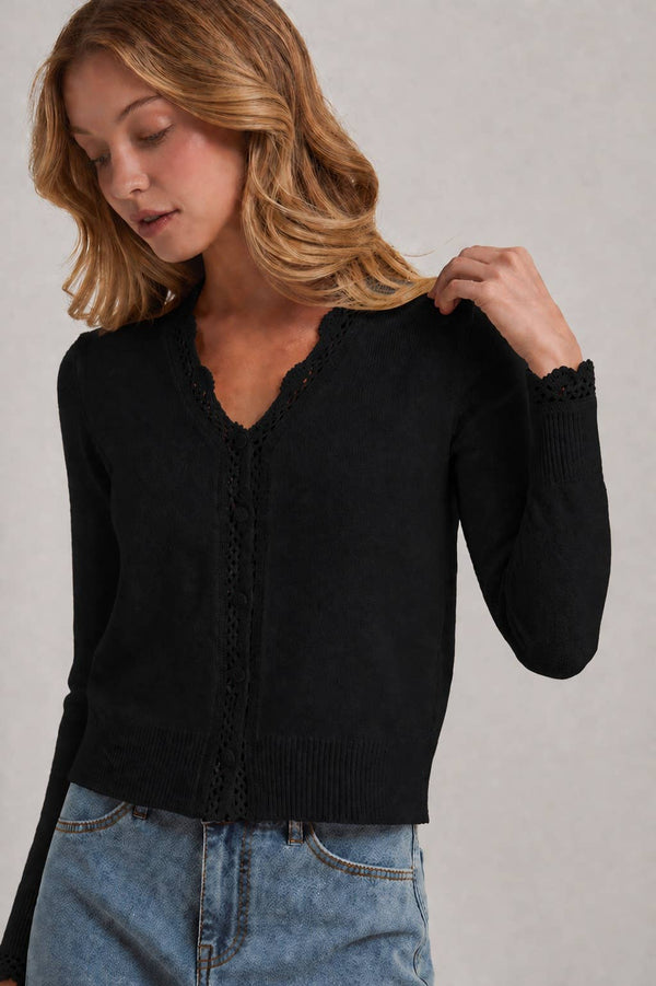 Lace Trimmed Button Front Cardigan in Black
