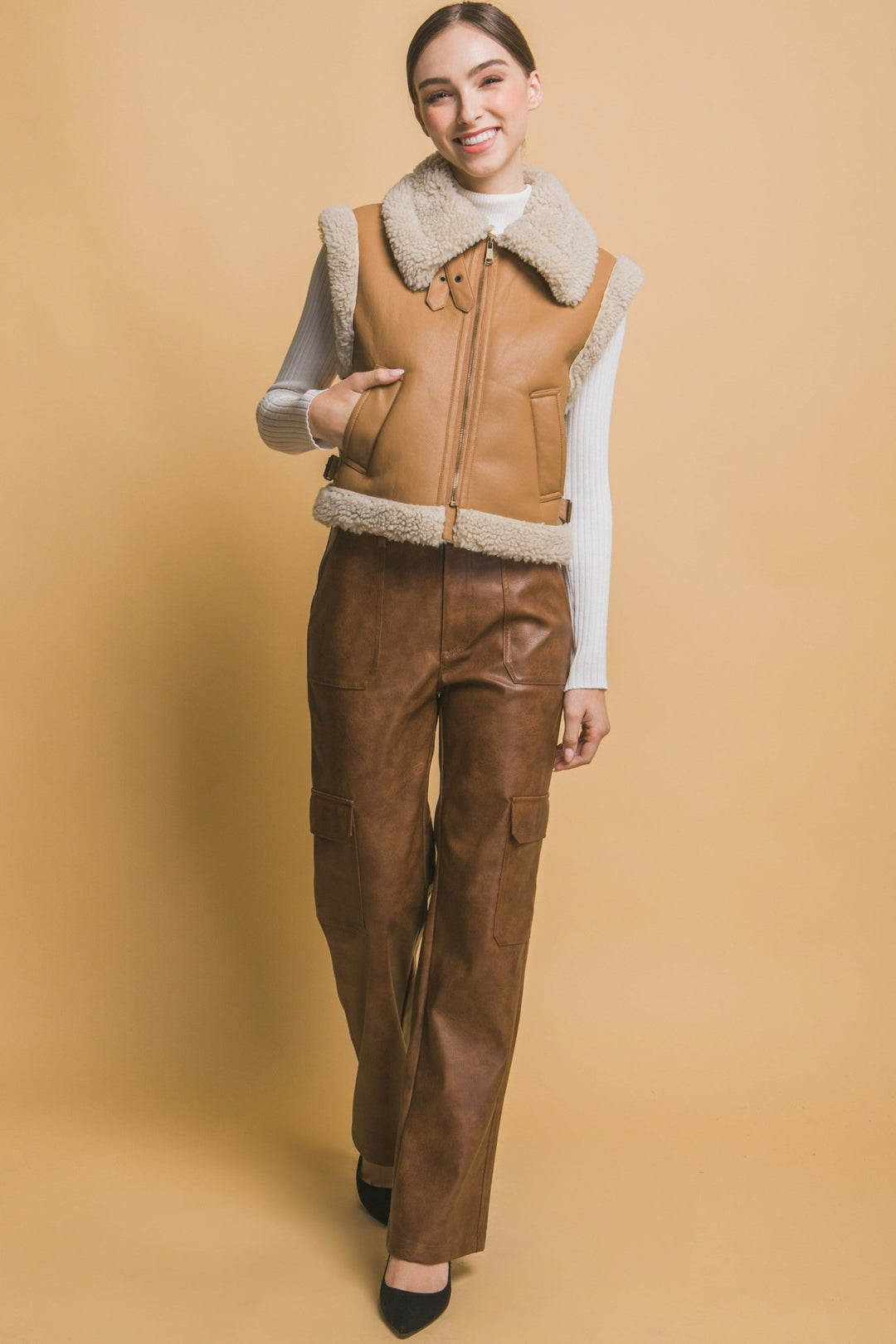 Faux Leather Shearling Vest - 22 Palms Boutique