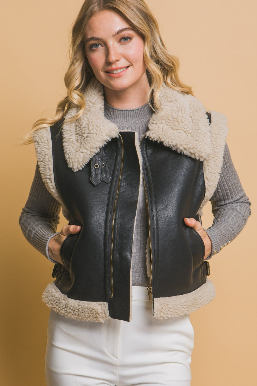 Faux Leather Shearling Vest - 22 Palms Boutique