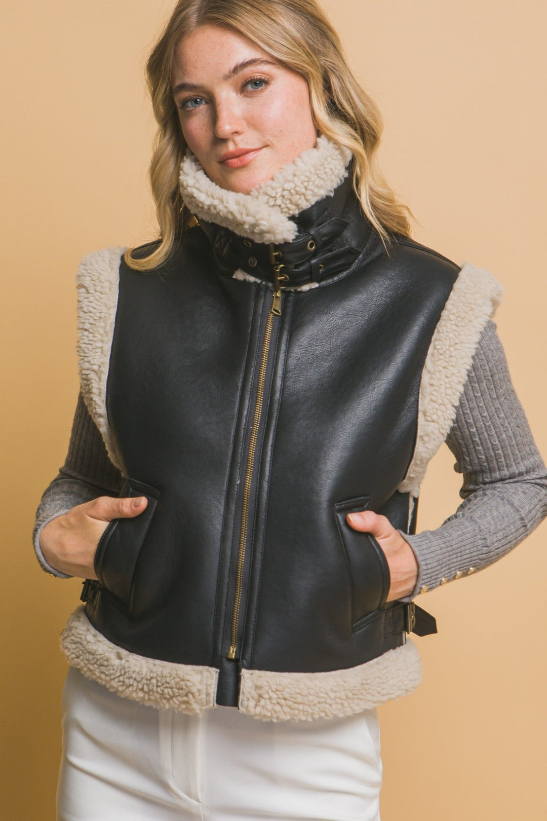Faux Leather Shearling Vest - 22 Palms Boutique