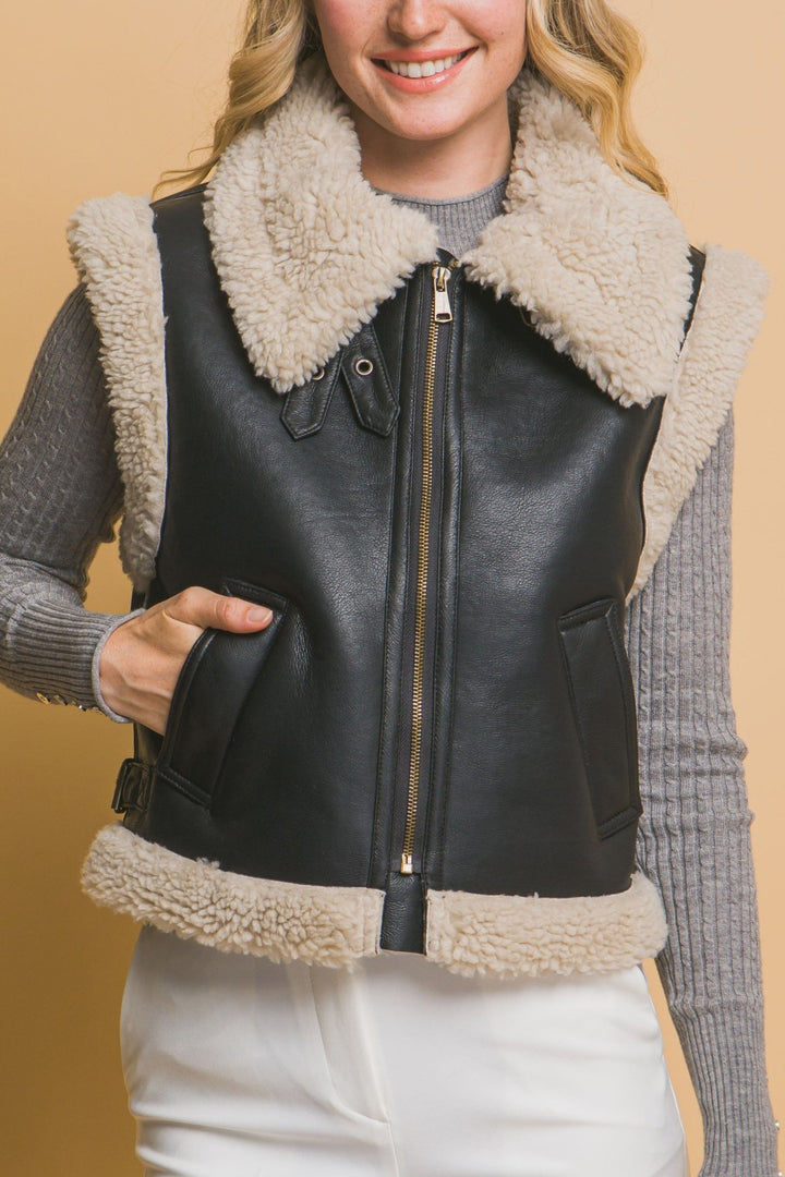 Faux Leather Shearling Vest - 22 Palms Boutique