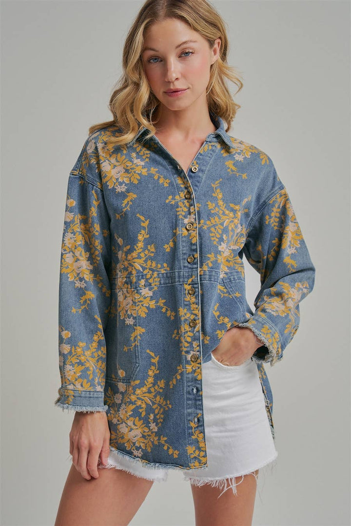 Floral Denim Relaxed Top with Pockets - 22 Palms Boutique