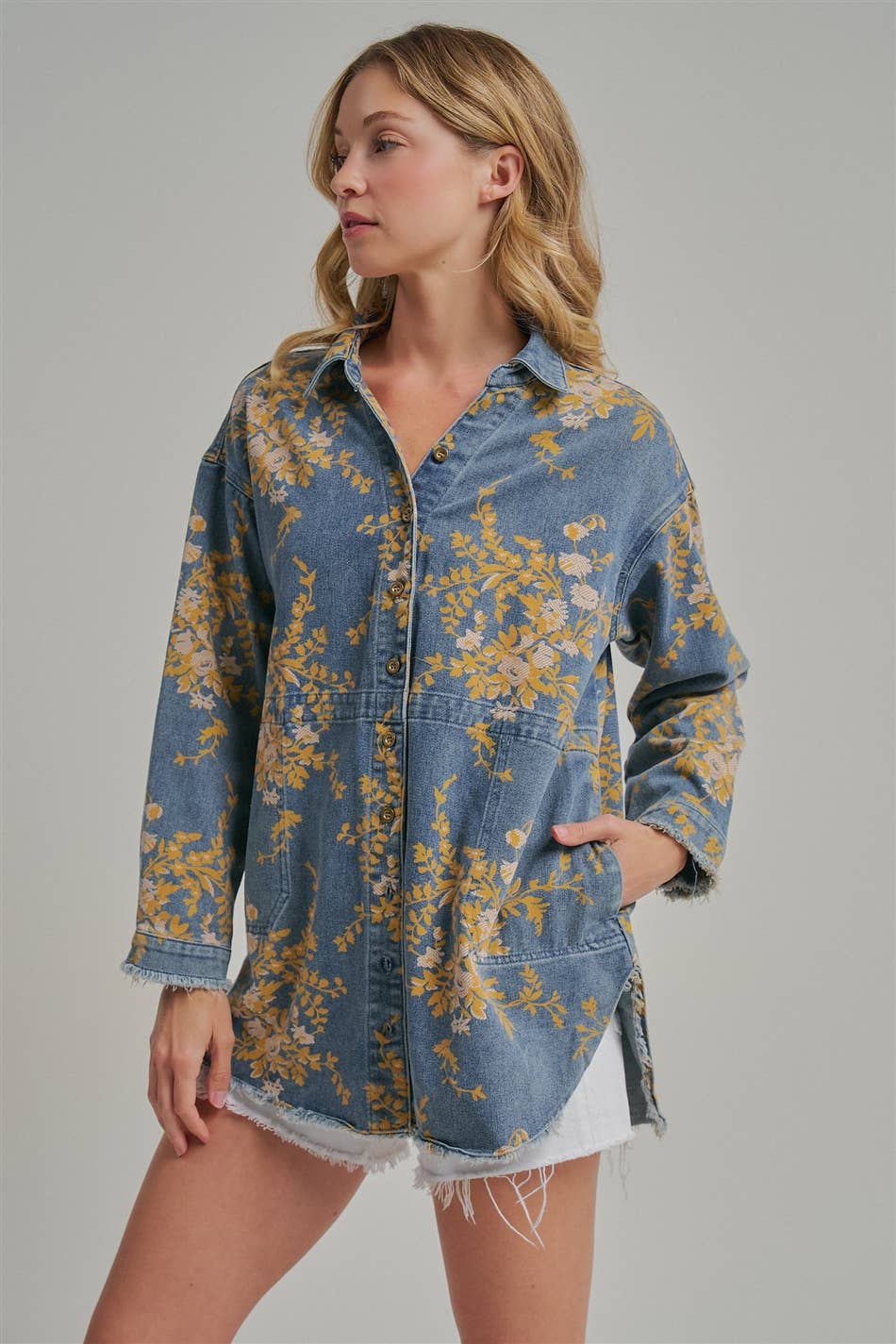 Floral Denim Relaxed Top with Pockets - 22 Palms Boutique