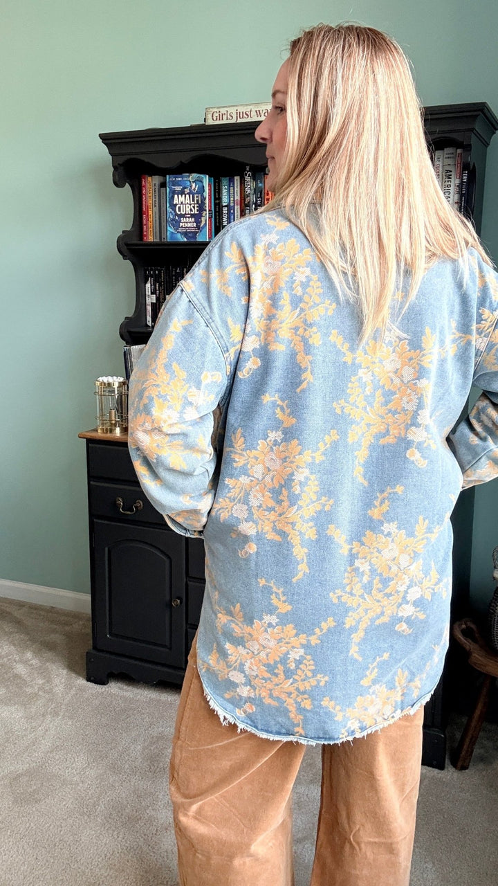 Floral Denim Relaxed Top with Pockets - 22 Palms Boutique