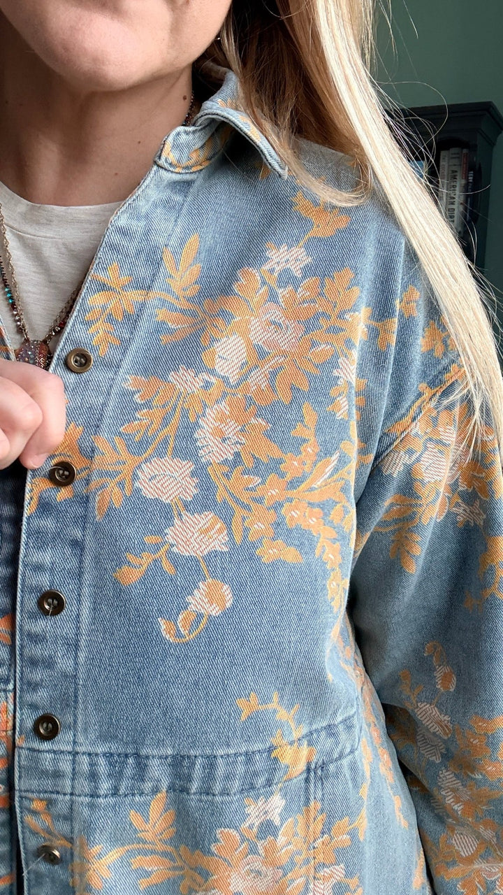 Floral Denim Relaxed Top with Pockets - 22 Palms Boutique