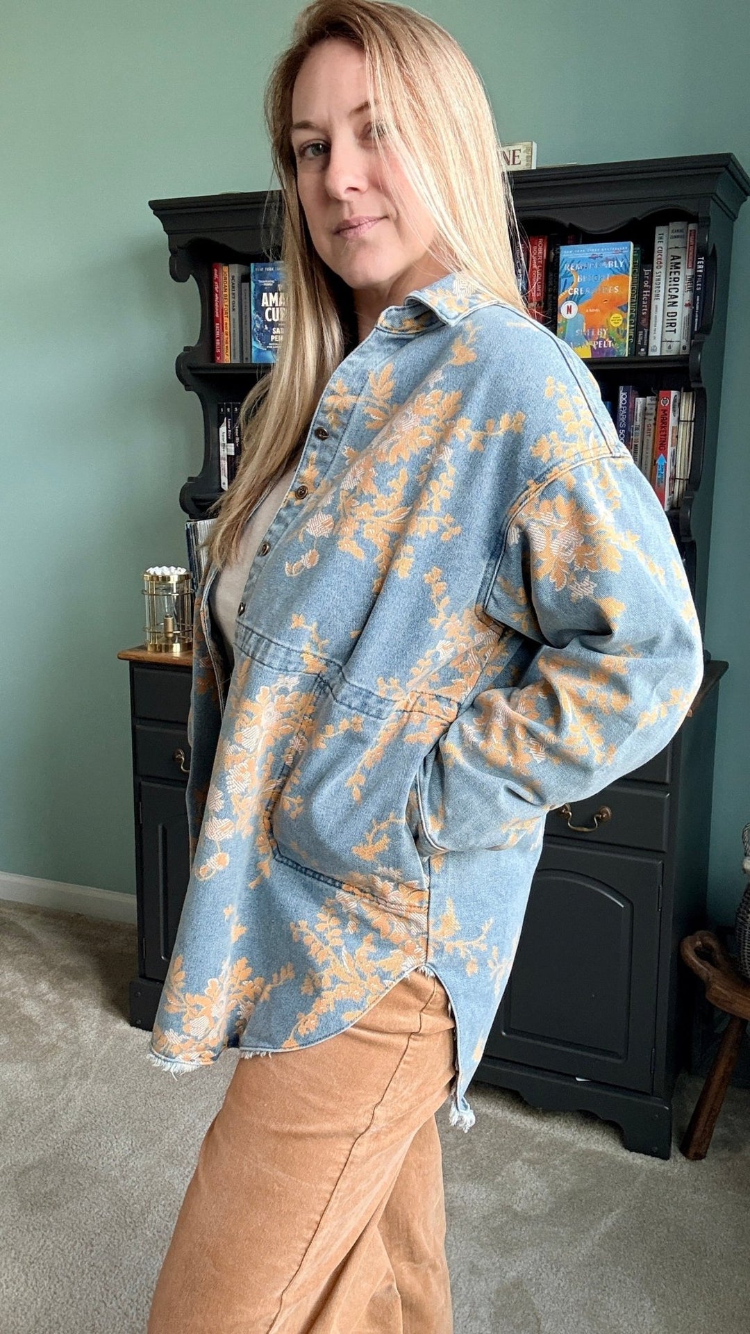 Floral Denim Relaxed Top with Pockets - 22 Palms Boutique