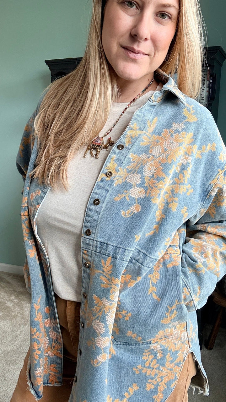 Floral Denim Relaxed Top with Pockets - 22 Palms Boutique