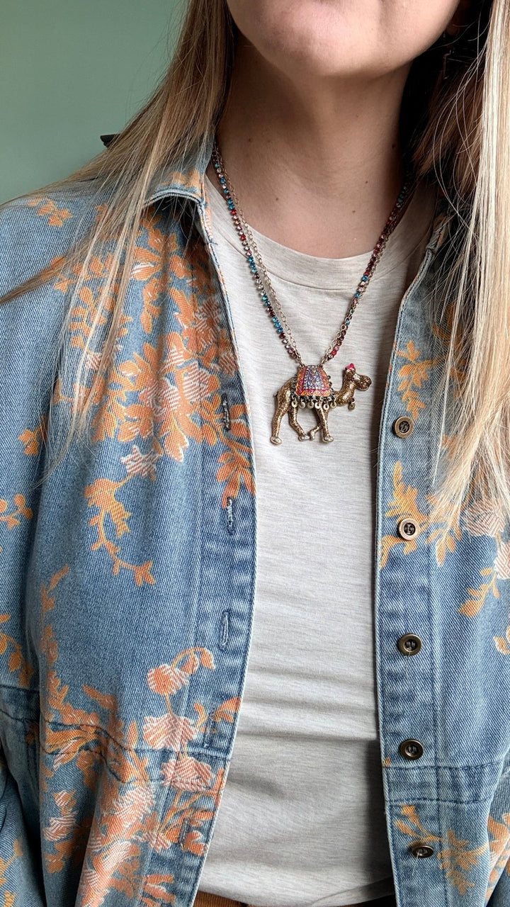 Floral Denim Relaxed Top with Pockets - 22 Palms Boutique