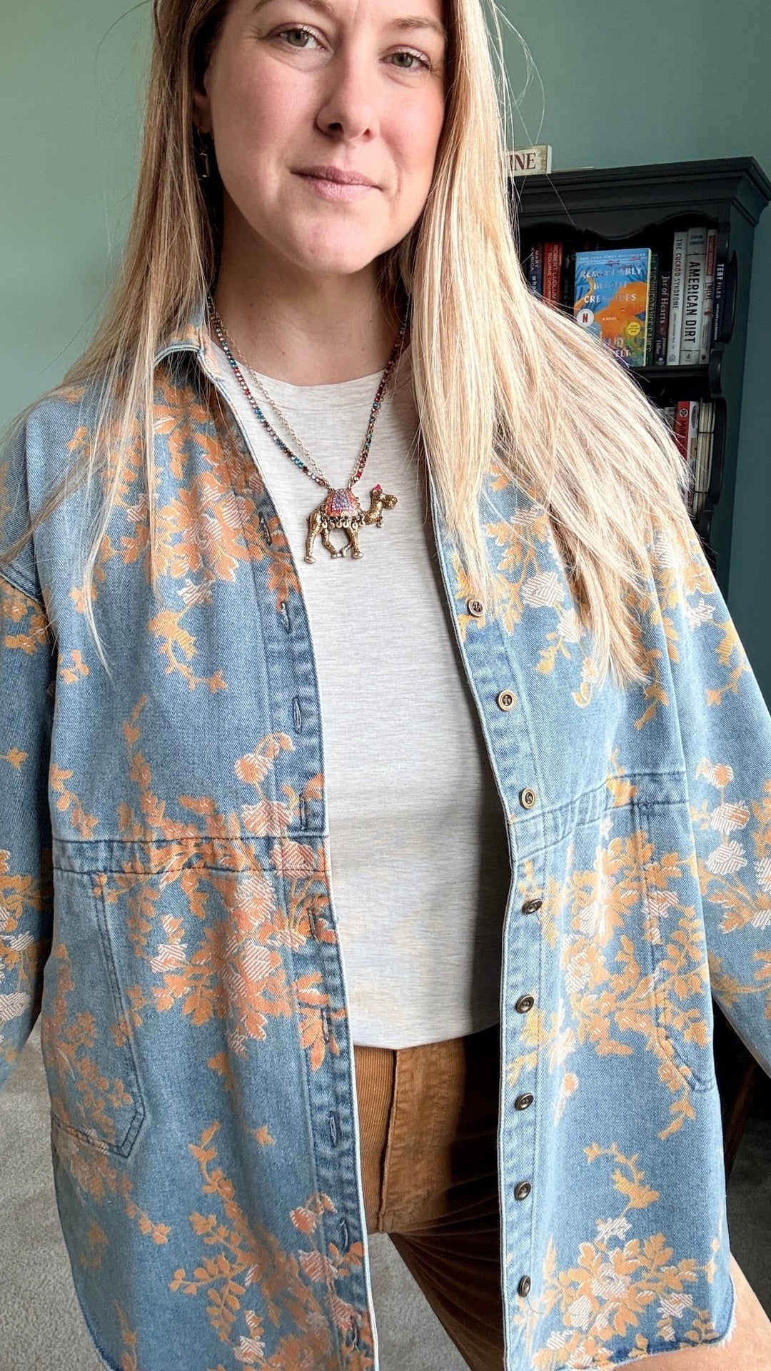 Floral Denim Relaxed Top with Pockets - 22 Palms Boutique