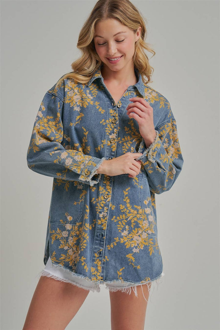 Floral Denim Relaxed Top with Pockets - 22 Palms Boutique