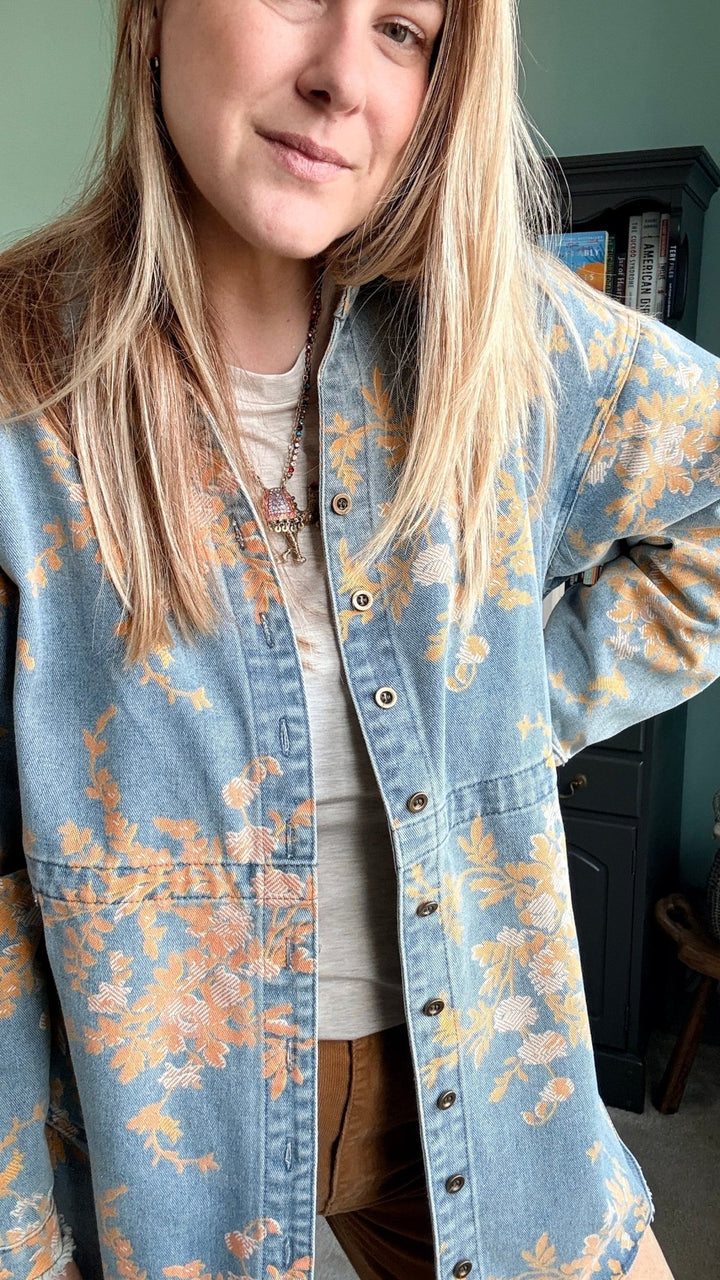 Floral Denim Relaxed Top with Pockets - 22 Palms Boutique