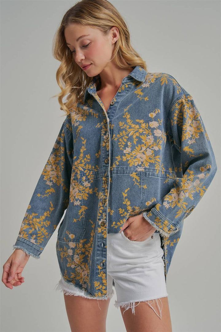 Floral Denim Relaxed Top with Pockets - 22 Palms Boutique
