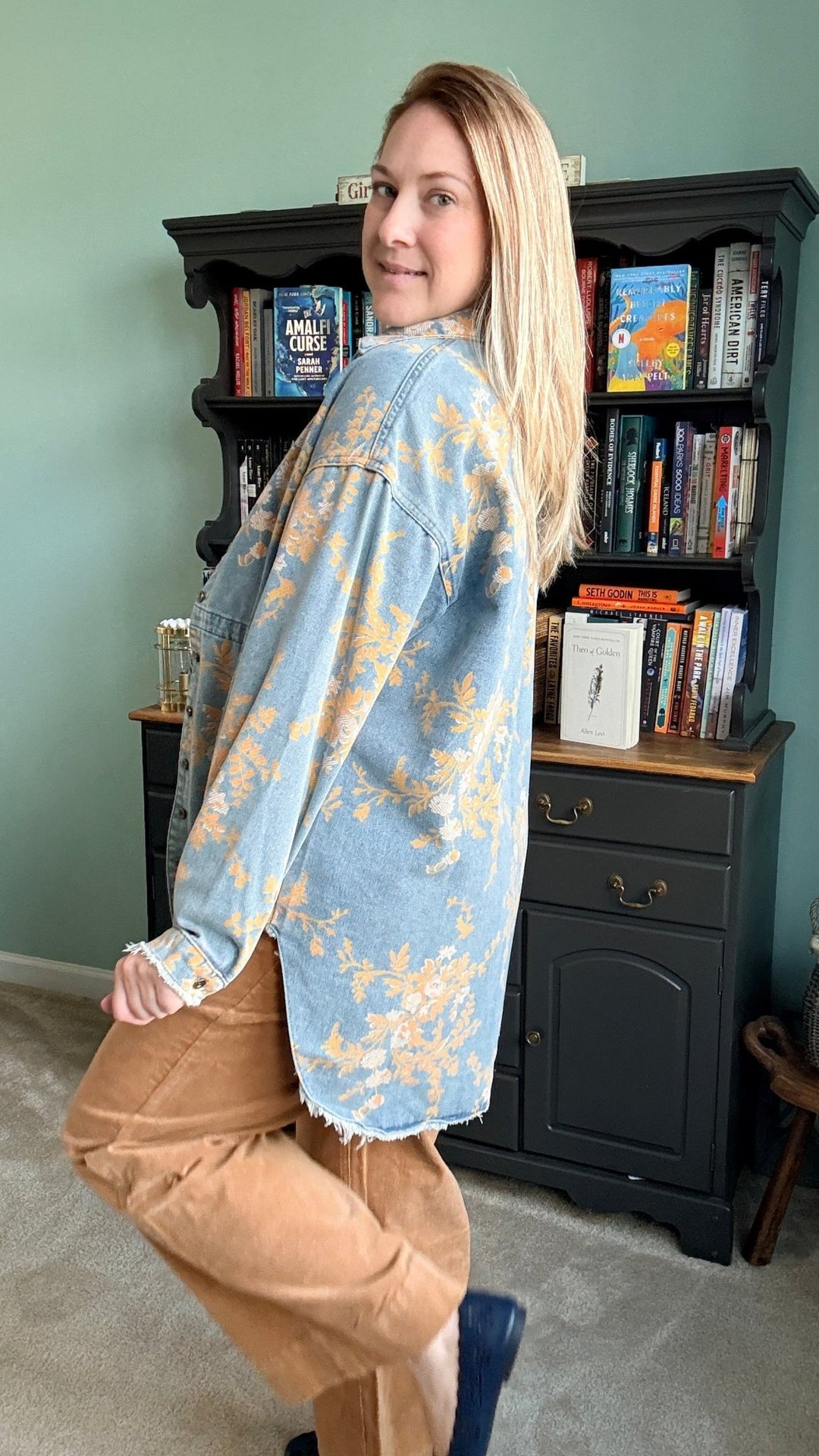 Floral Denim Relaxed Top with Pockets - 22 Palms Boutique