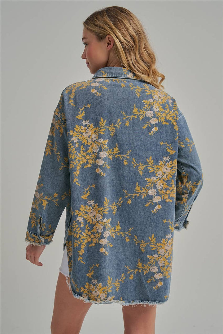Floral Denim Relaxed Top with Pockets - 22 Palms Boutique