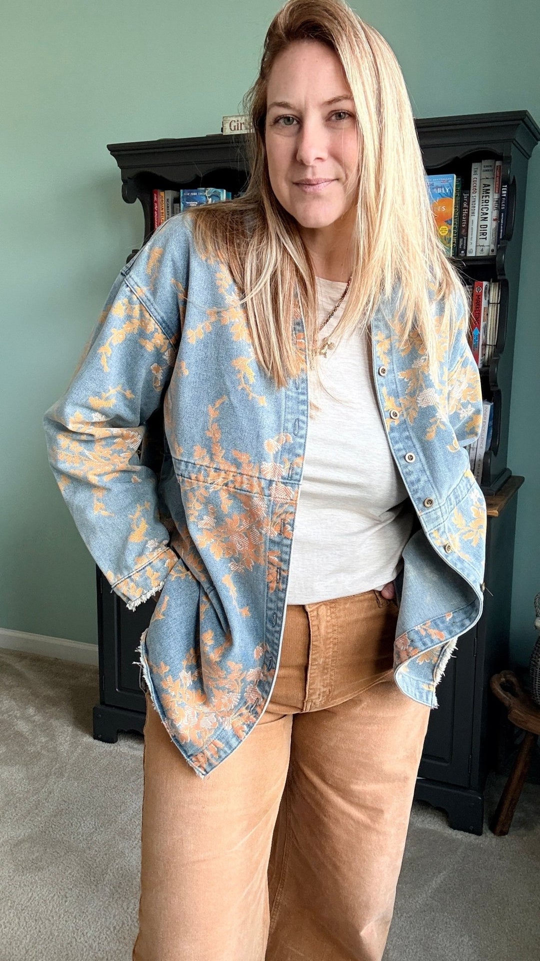 Floral Denim Relaxed Top with Pockets - 22 Palms Boutique