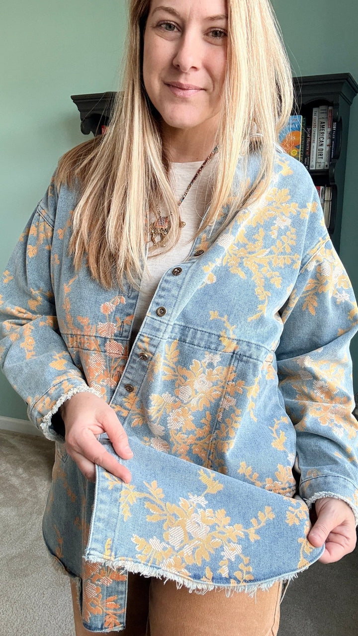Floral Denim Relaxed Top with Pockets - 22 Palms Boutique