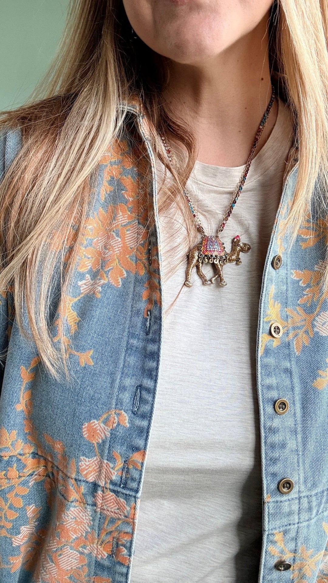Floral Denim Relaxed Top with Pockets - 22 Palms Boutique