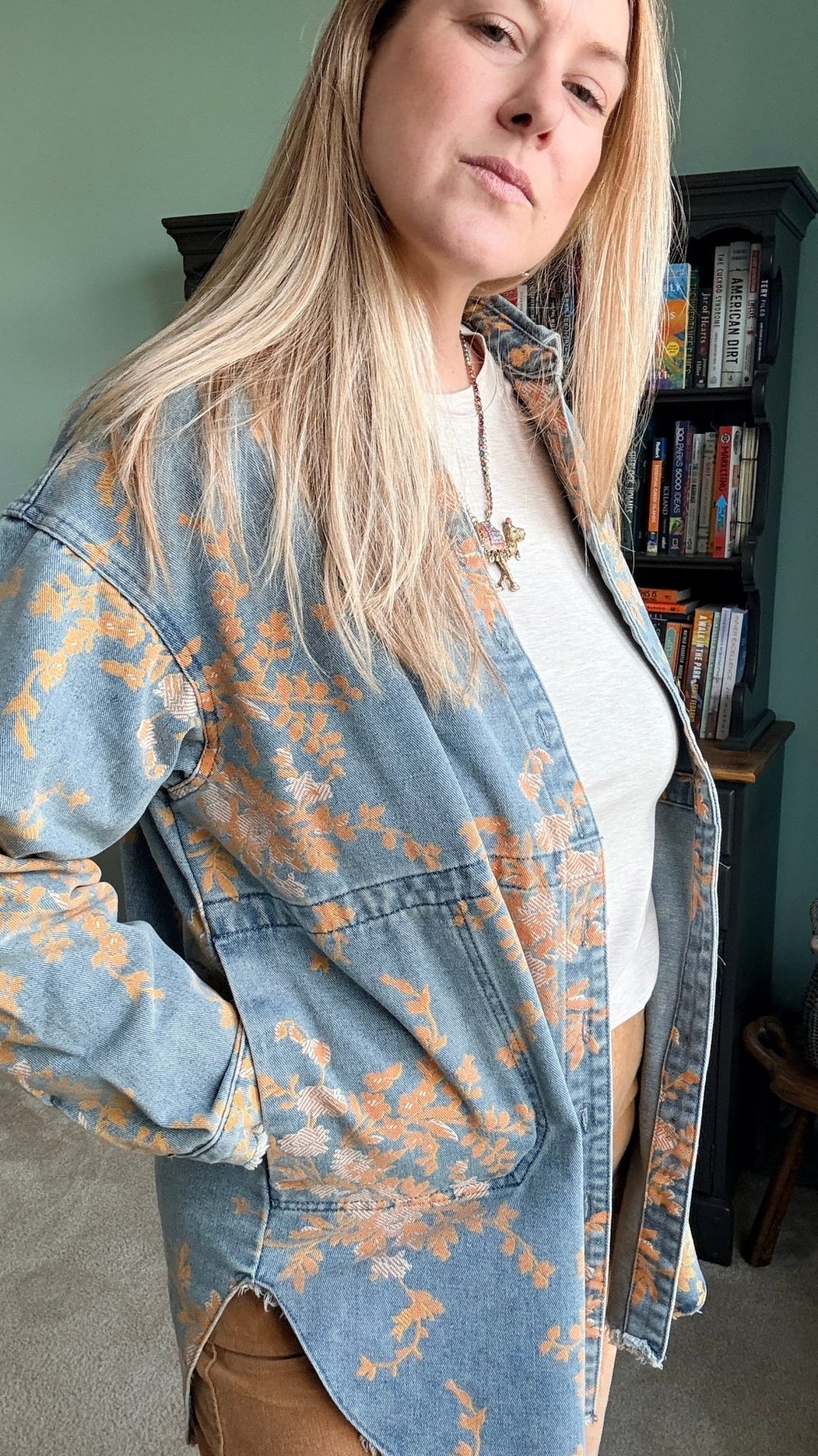 Floral Denim Relaxed Top with Pockets - 22 Palms Boutique